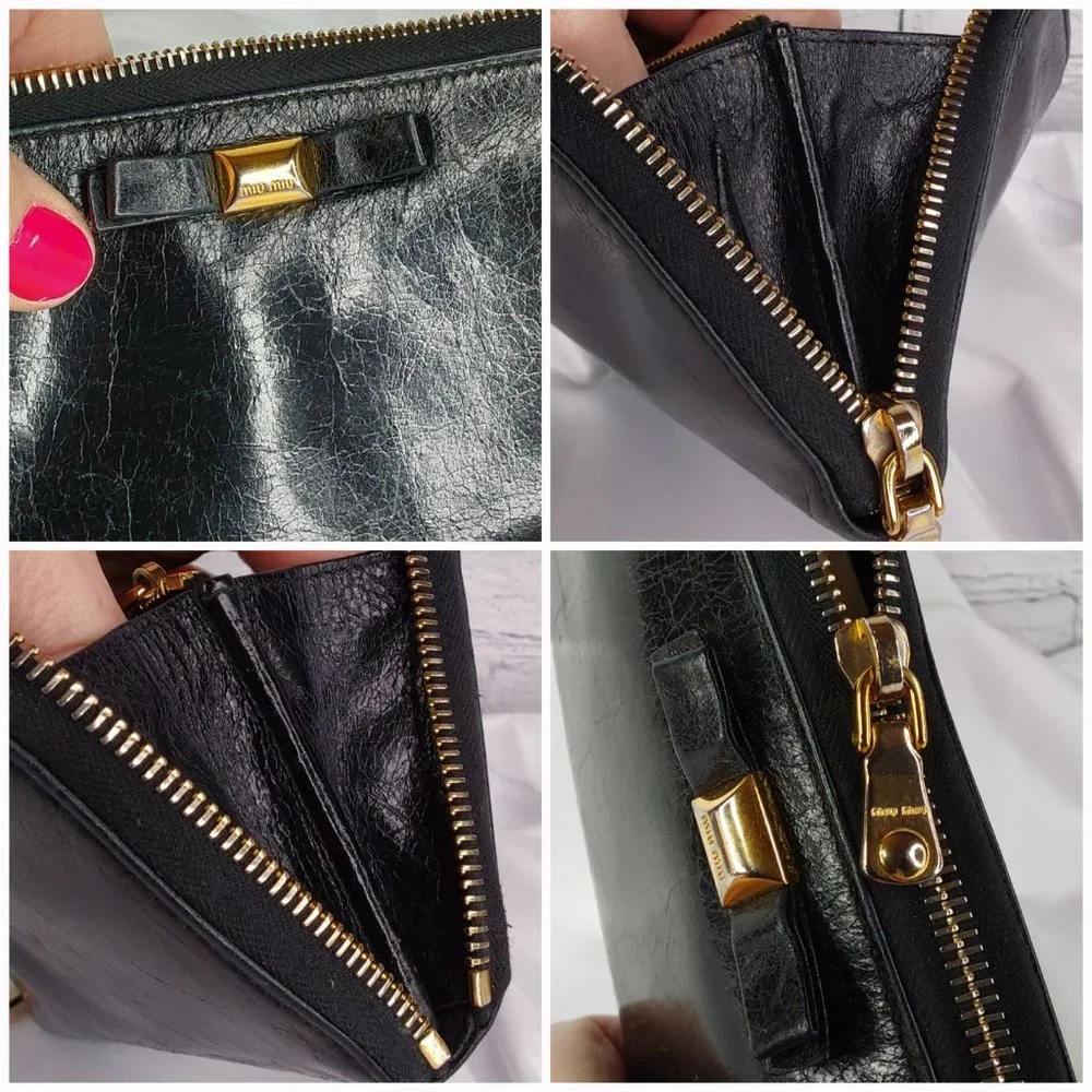 'MIU MIU' BOW-FRONT LEATHER WALLET FULL-ZIP  DISTRESSED ONYX - Picture 12 of 15